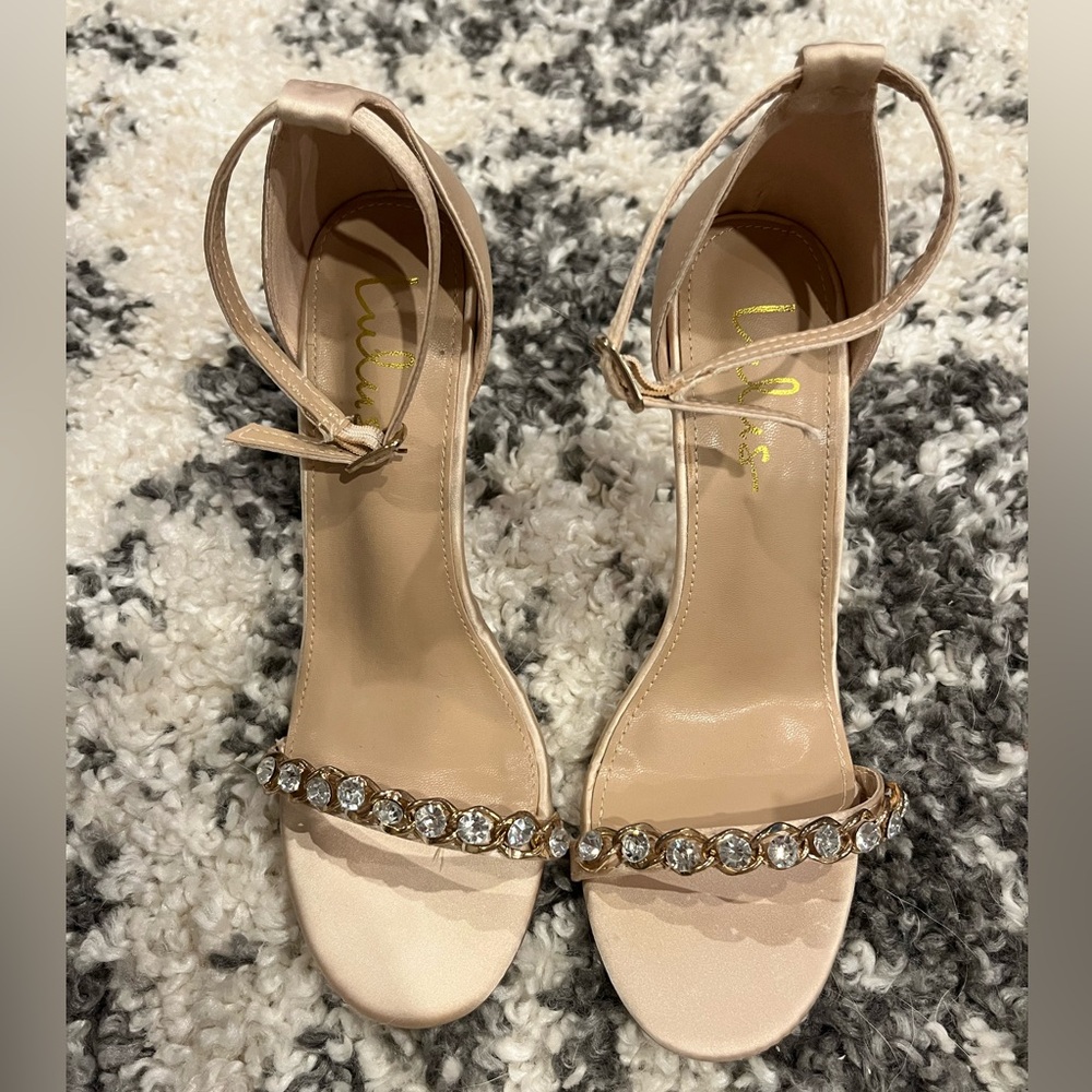 Lulu's Tan Ankle Strap Heels with Rhinestones